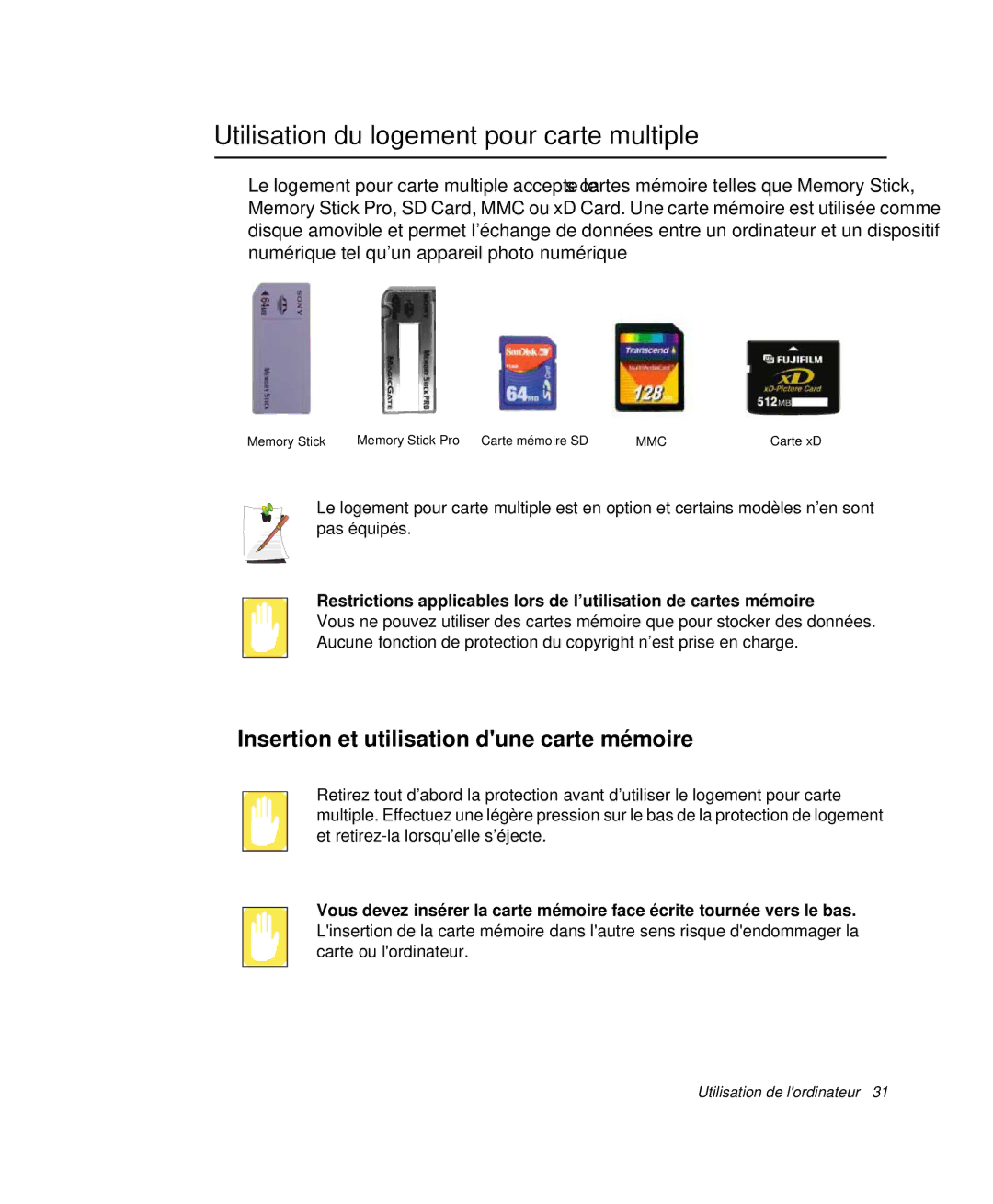 Samsung NP-X11TV02/SEF manual Utilisation du logement pour carte multiple, Insertion et utilisation dune carte mémoire 