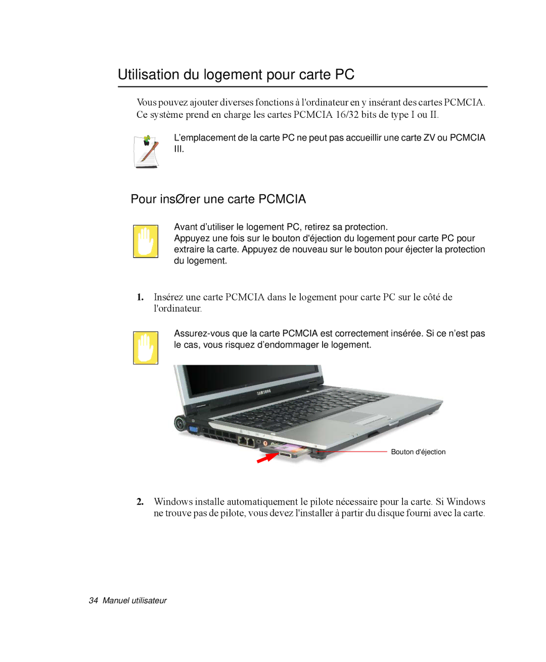 Samsung NP-X11KV00/SEF, NP-X11TV05/SEF, NP-X11TV06/SEF Utilisation du logement pour carte PC, Pour insérer une carte Pcmcia 