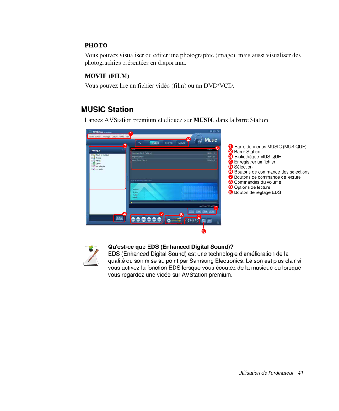 Samsung NP-X11CV01/SEF, NP-X11TV05/SEF, NP-X11TV06/SEF manual Music Station, Quest-ce que EDS Enhanced Digital Sound? 