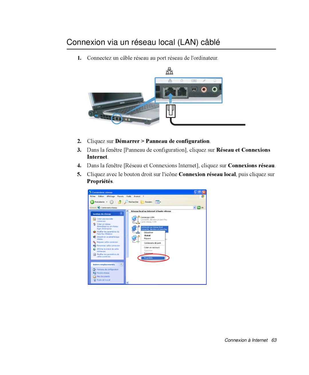 Samsung NP-X11CV03/SEF manual Connexion via un réseau local LAN câblé, Cliquez sur Démarrer Panneau de configuration 