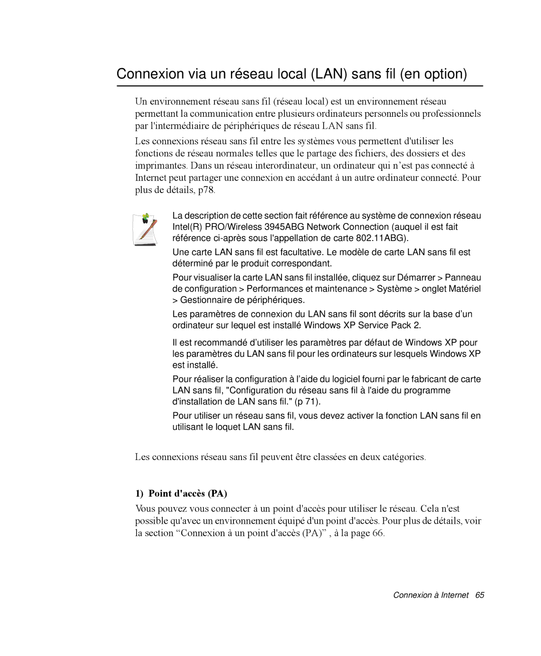 Samsung NP-X11TV06/SEF, NP-X11TV05/SEF manual Connexion via un réseau local LAN sans fil en option, Point daccès PA 