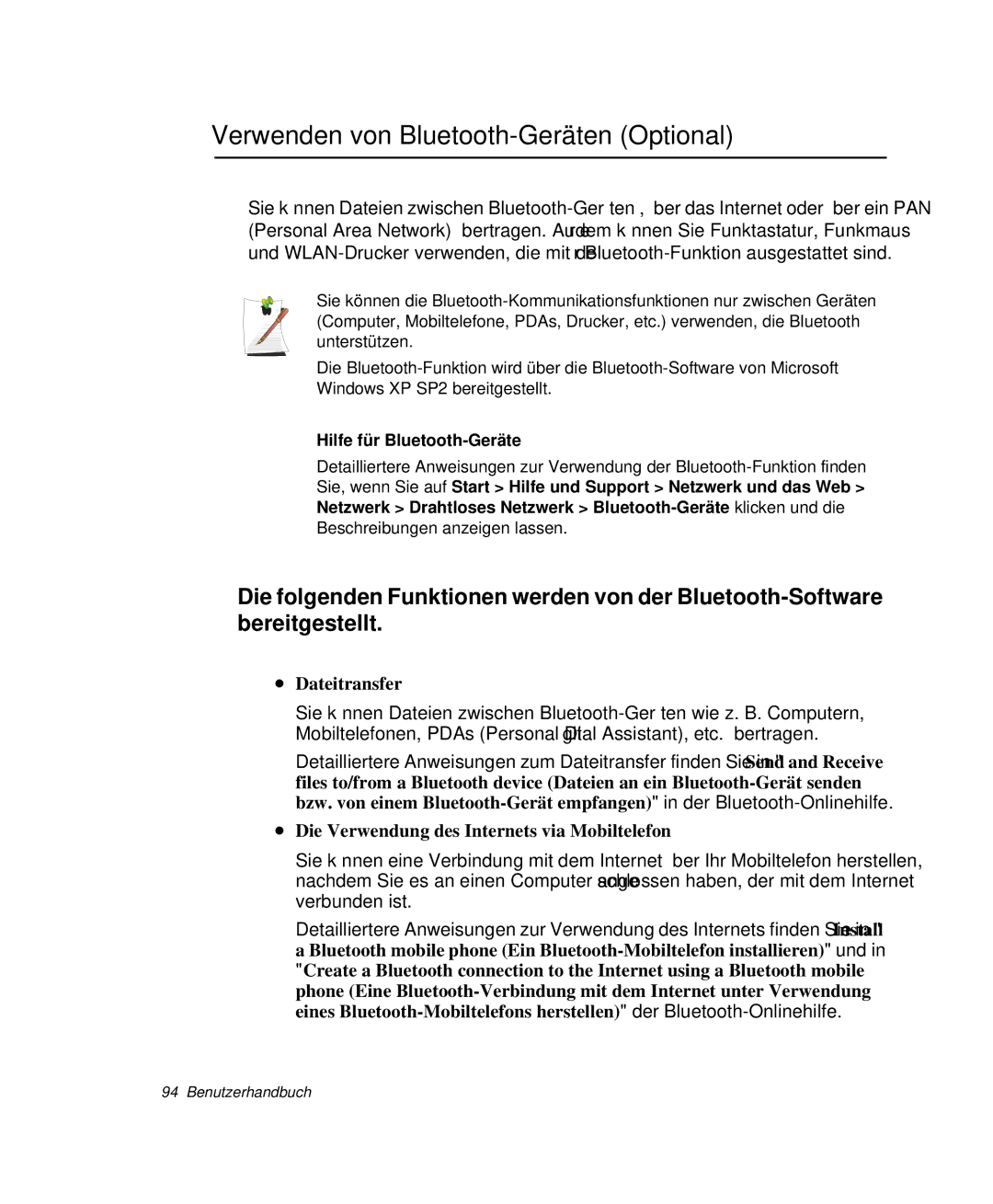 Samsung NP-X20C001/SEG, NP-X20T002/SEG Verwenden von Bluetooth-Geräten Optional, Dateitransfer, Hilfe für Bluetooth-Geräte 