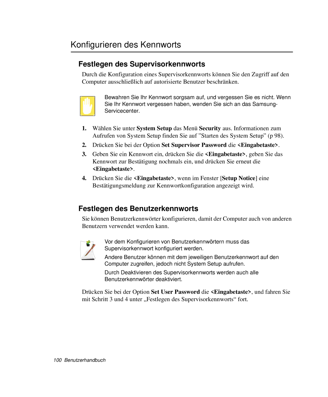 Samsung NP-X20C004/SEG Konfigurieren des Kennworts, Festlegen des Supervisorkennworts, Festlegen des Benutzerkennworts 