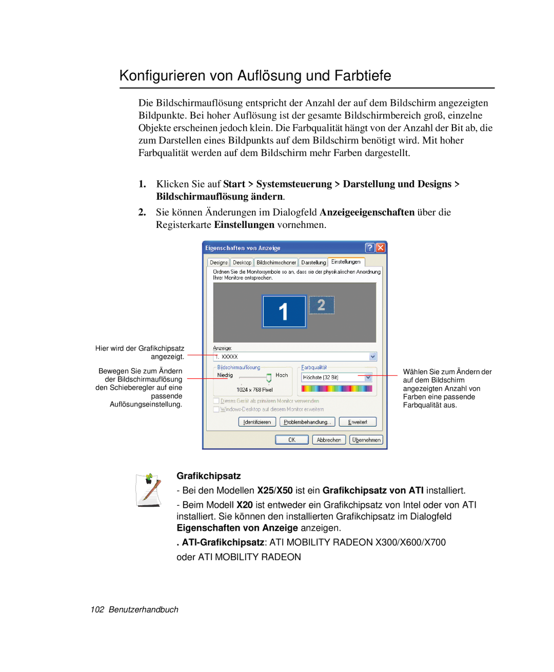 Samsung NP-X20CV08/SEG, NP-X20T002/SEG, NP-X20C00B/SEG manual Konfigurieren von Auflösung und Farbtiefe, Grafikchipsatz 