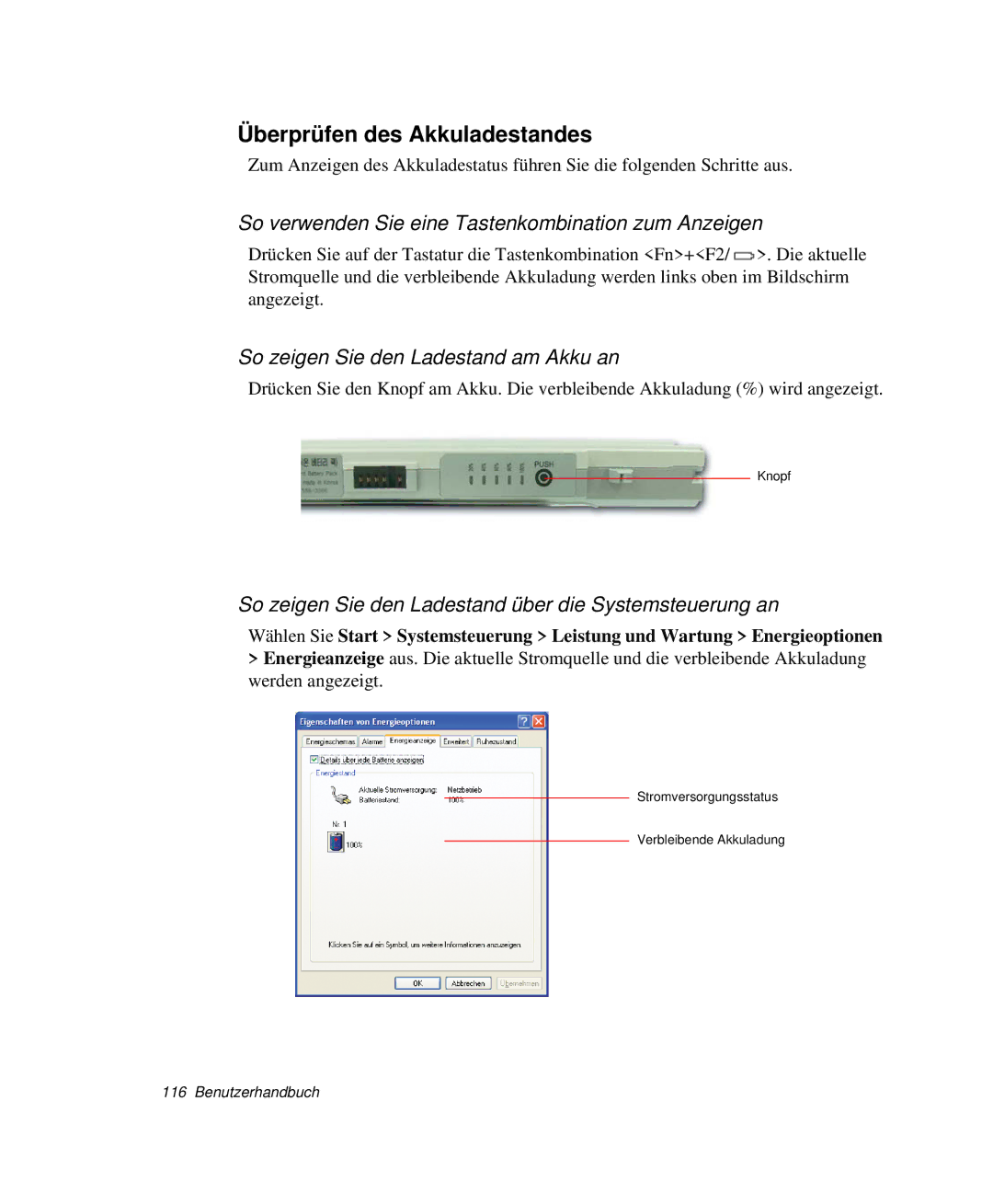 Samsung NP-X20C00B/SEG manual Überprüfen des Akkuladestandes, So verwenden Sie eine Tastenkombination zum Anzeigen 