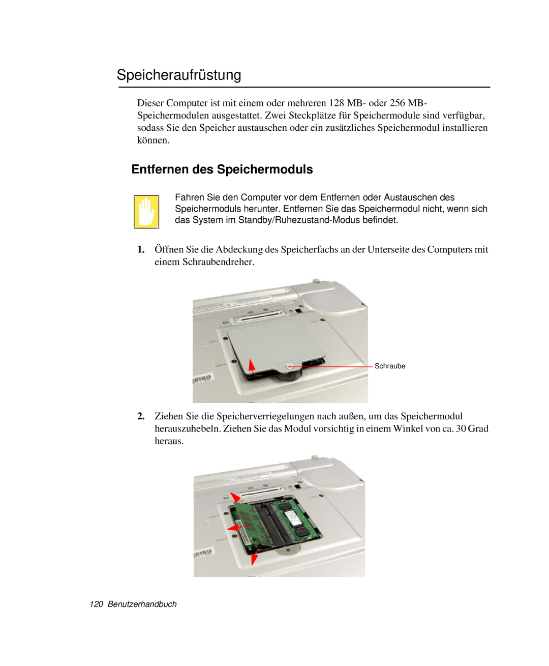 Samsung NP-X20CV06/SEG, NP-X20T002/SEG, NP-X20C00B/SEG, NP-X20C00A/SEG manual Speicheraufrüstung, Entfernen des Speichermoduls 