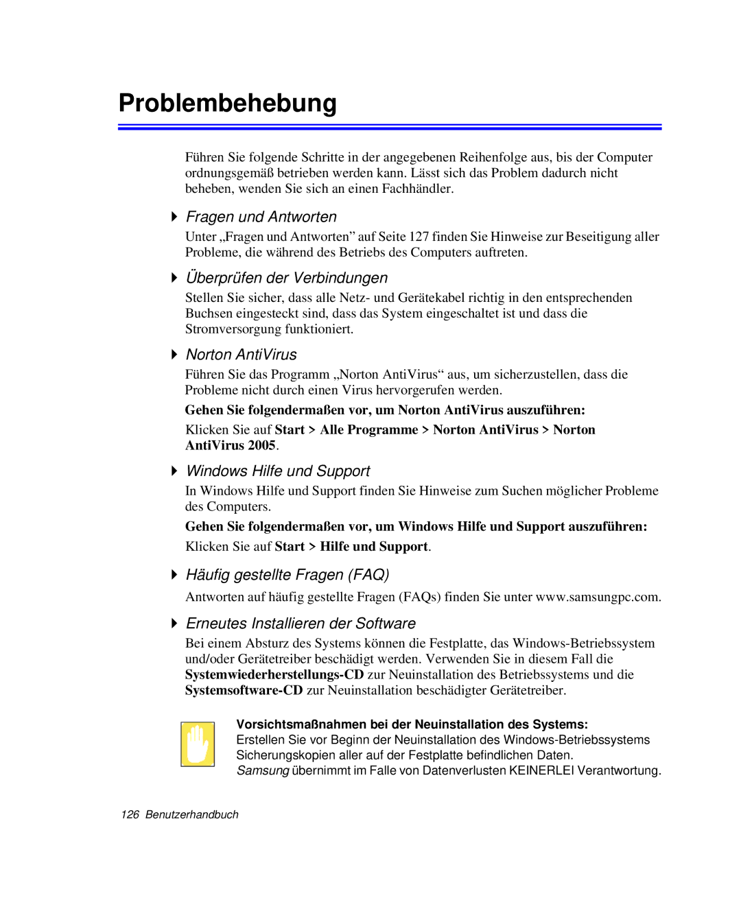 Samsung NP-X20C001/SEG manual Problembehebung, Fragen und Antworten, Überprüfen der Verbindungen, Norton AntiVirus 