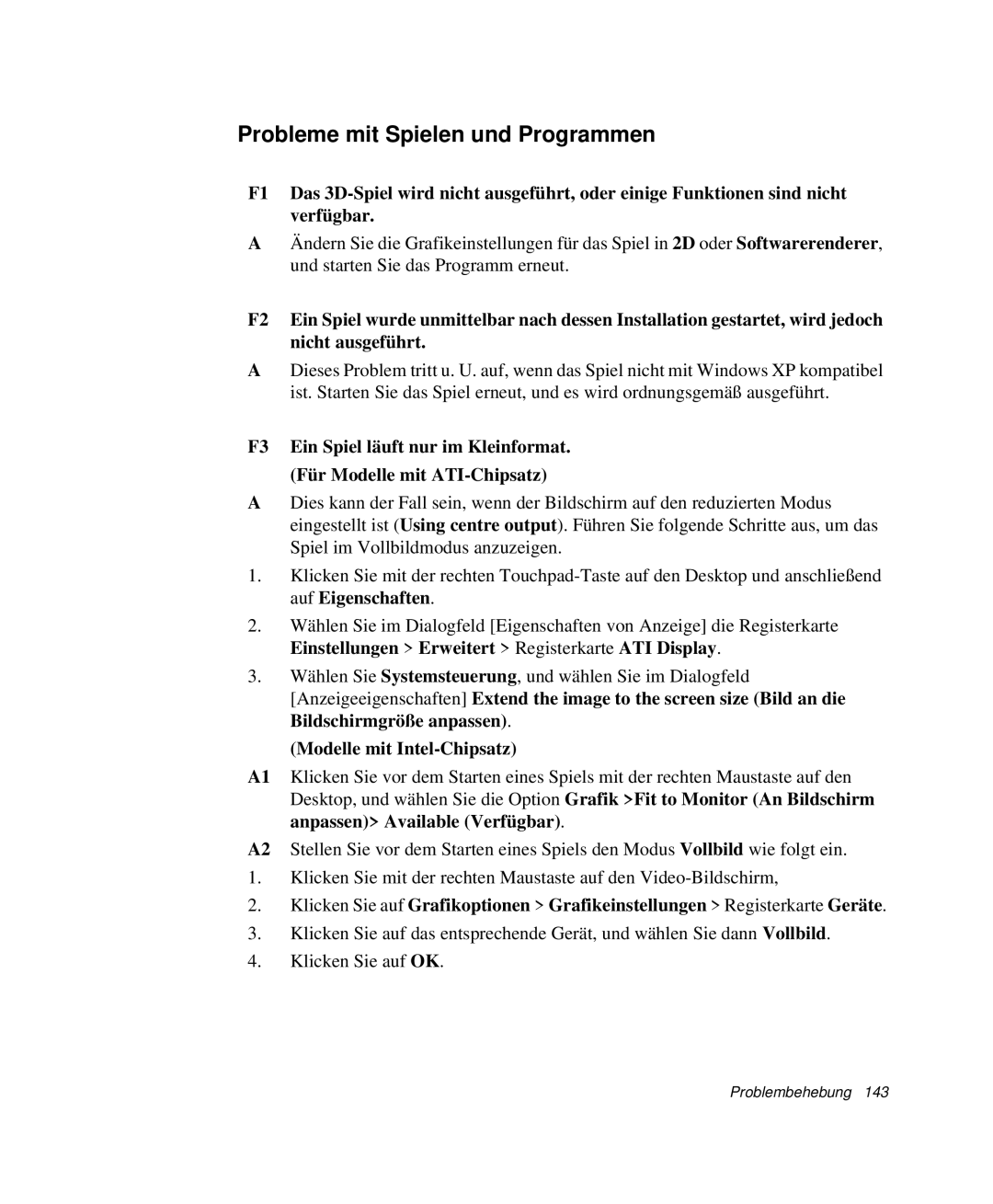 Samsung NP-X20C009/SEG, NP-X20T002/SEG, NP-X20C00B/SEG manual Probleme mit Spielen und Programmen, Modelle mit Intel-Chipsatz 