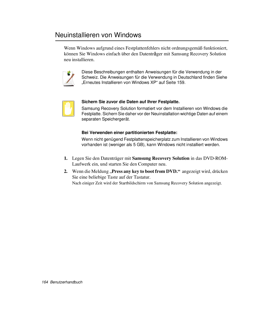 Samsung NP-X20C004/SEG, NP-X20T002/SEG manual Neuinstallieren von Windows, Sichern Sie zuvor die Daten auf Ihrer Festplatte 