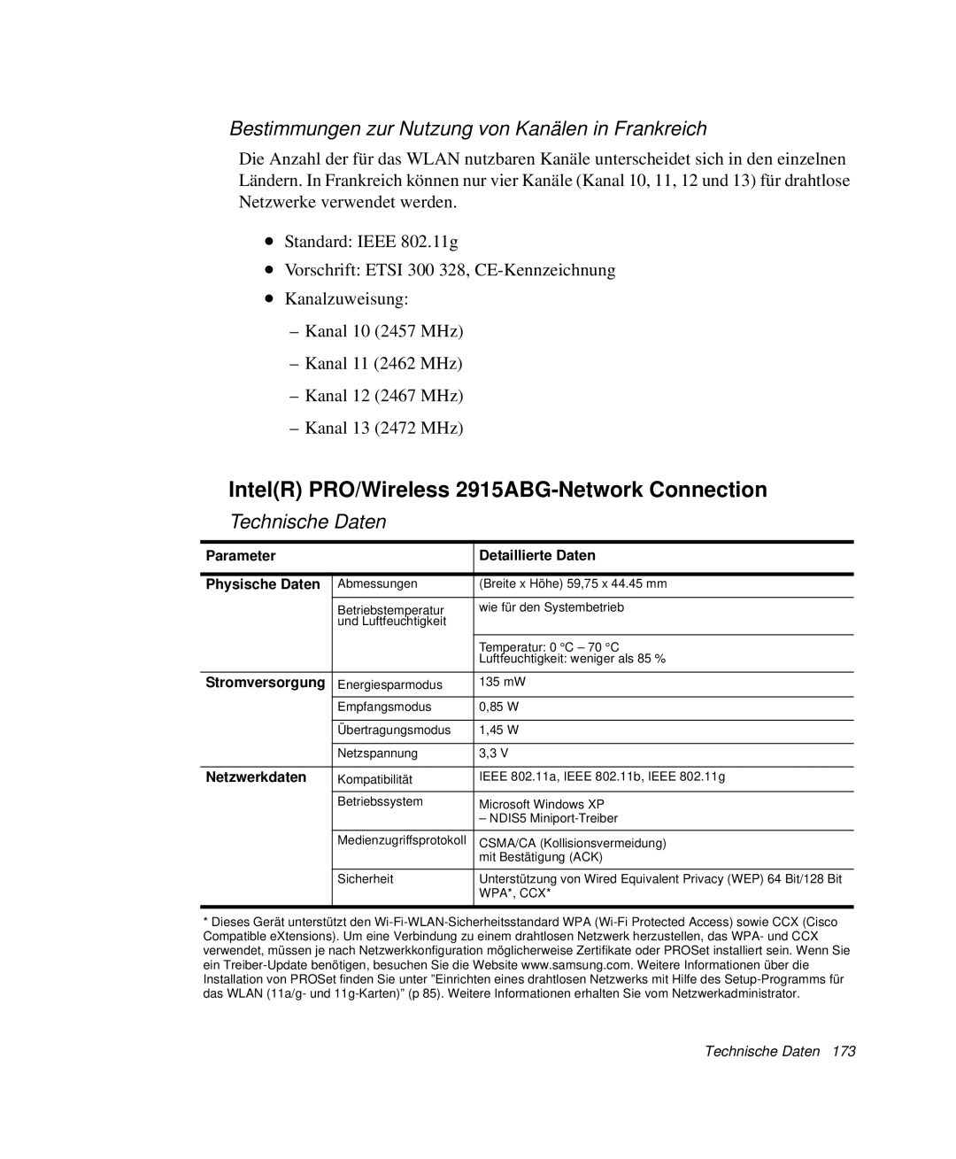 Samsung NP-X20T000/SEG IntelR PRO/Wireless 2915ABG-Network Connection, Bestimmungen zur Nutzung von Kanälen in Frankreich 