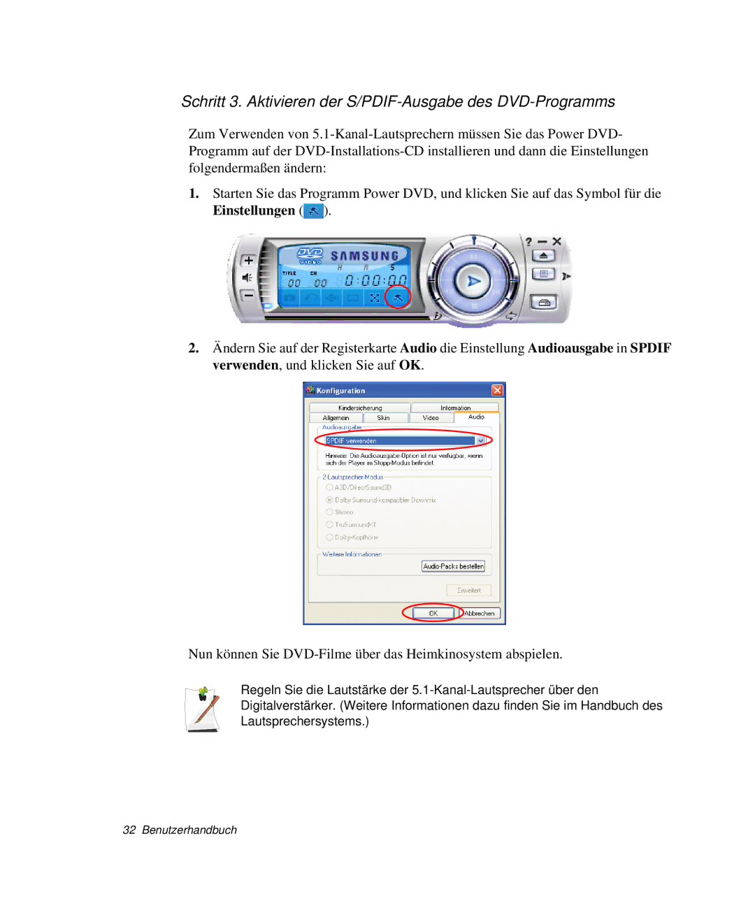 Samsung NP-X20T004/SEG, NP-X20T002/SEG, NP-X20C00B/SEG manual Schritt 3. Aktivieren der S/PDIF-Ausgabe des DVD-Programms 