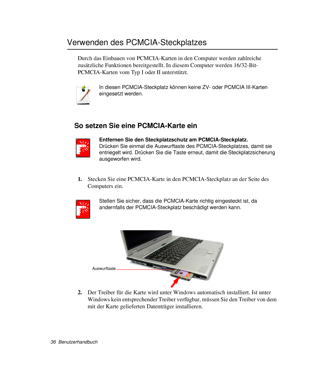 Samsung NP-X20C004/SEG, NP-X20T002/SEG manual Verwenden des PCMCIA-Steckplatzes, So setzen Sie eine PCMCIA-Karte ein 