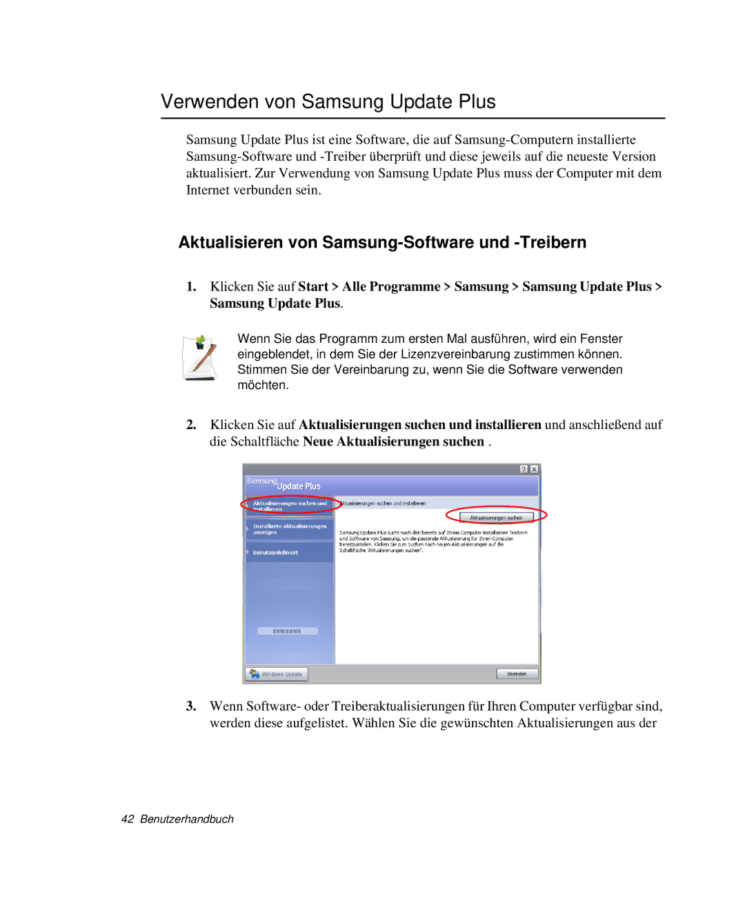 Samsung NP-X20C008/SEG, NP-X20T002/SEG Verwenden von Samsung Update Plus, Aktualisieren von Samsung-Software und -Treibern 