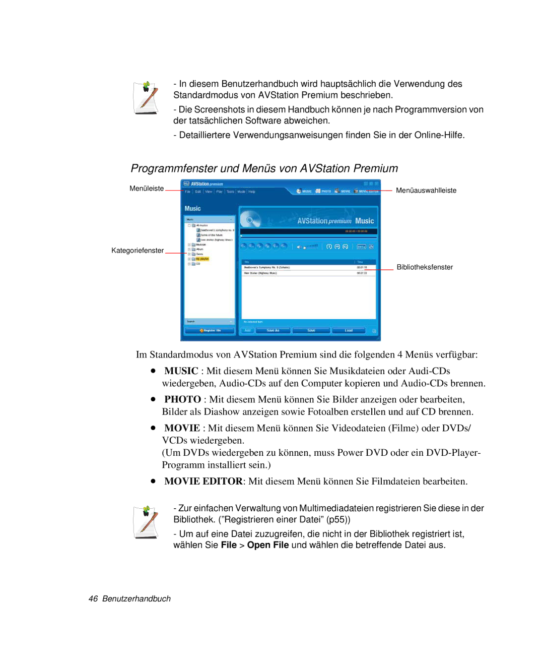 Samsung NP-X20T000/SCH, NP-X20T002/SEG, NP-X20C00B/SEG, NP-X20C00A/SEG manual Programmfenster und Menüs von AVStation Premium 