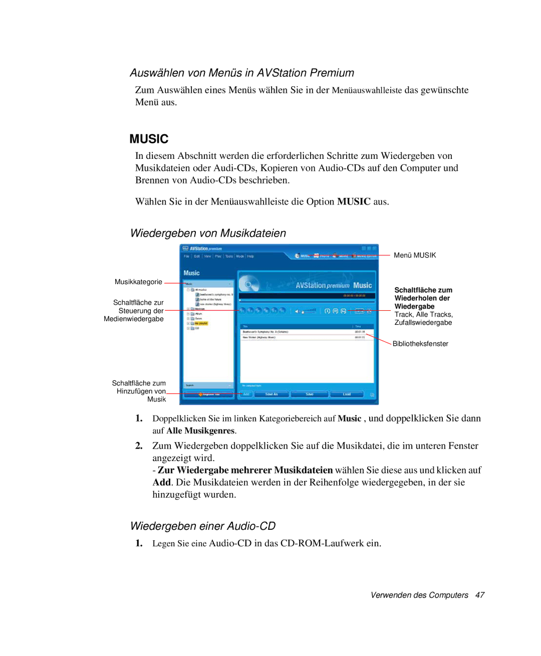 Samsung NP-X20C009/SEG Auswählen von Menüs in AVStation Premium, Wiedergeben von Musikdateien, Wiedergeben einer Audio-CD 