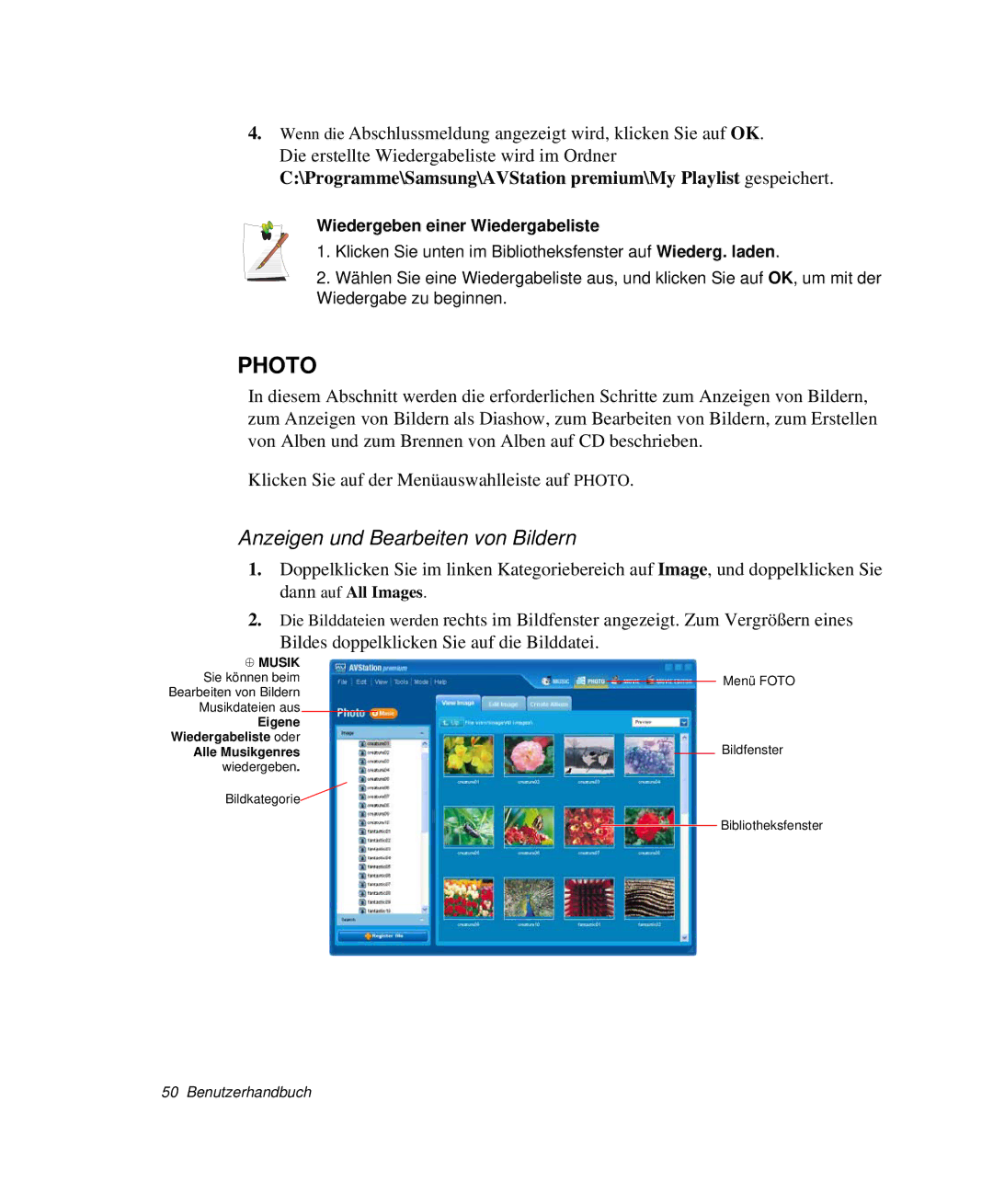 Samsung NP-X25T003/SEG, NP-X20T002/SEG manual Anzeigen und Bearbeiten von Bildern, Wiedergeben einer Wiedergabeliste 