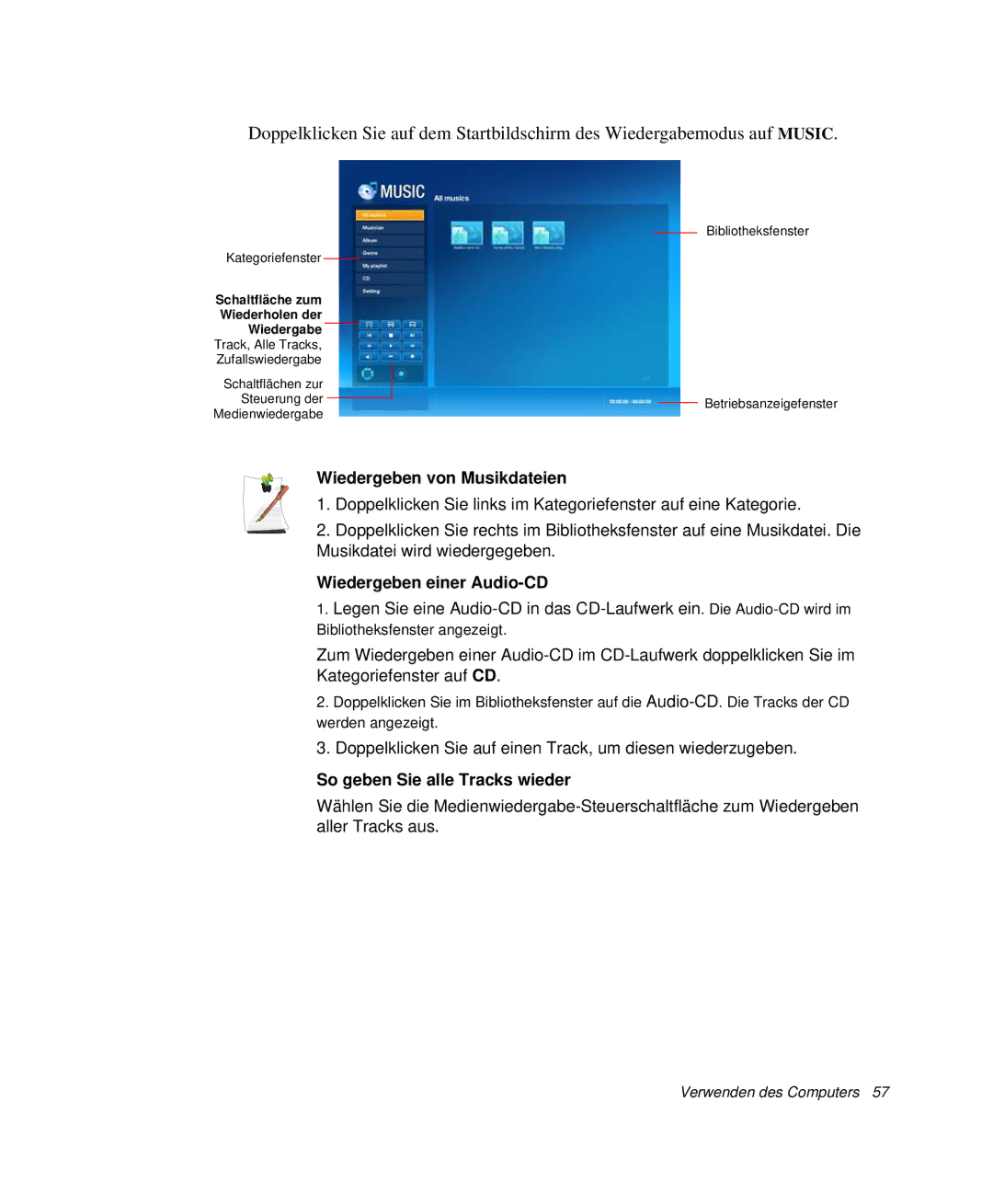 Samsung NP-X20CV04/SEG manual Wiedergeben von Musikdateien, Wiedergeben einer Audio-CD, So geben Sie alle Tracks wieder 