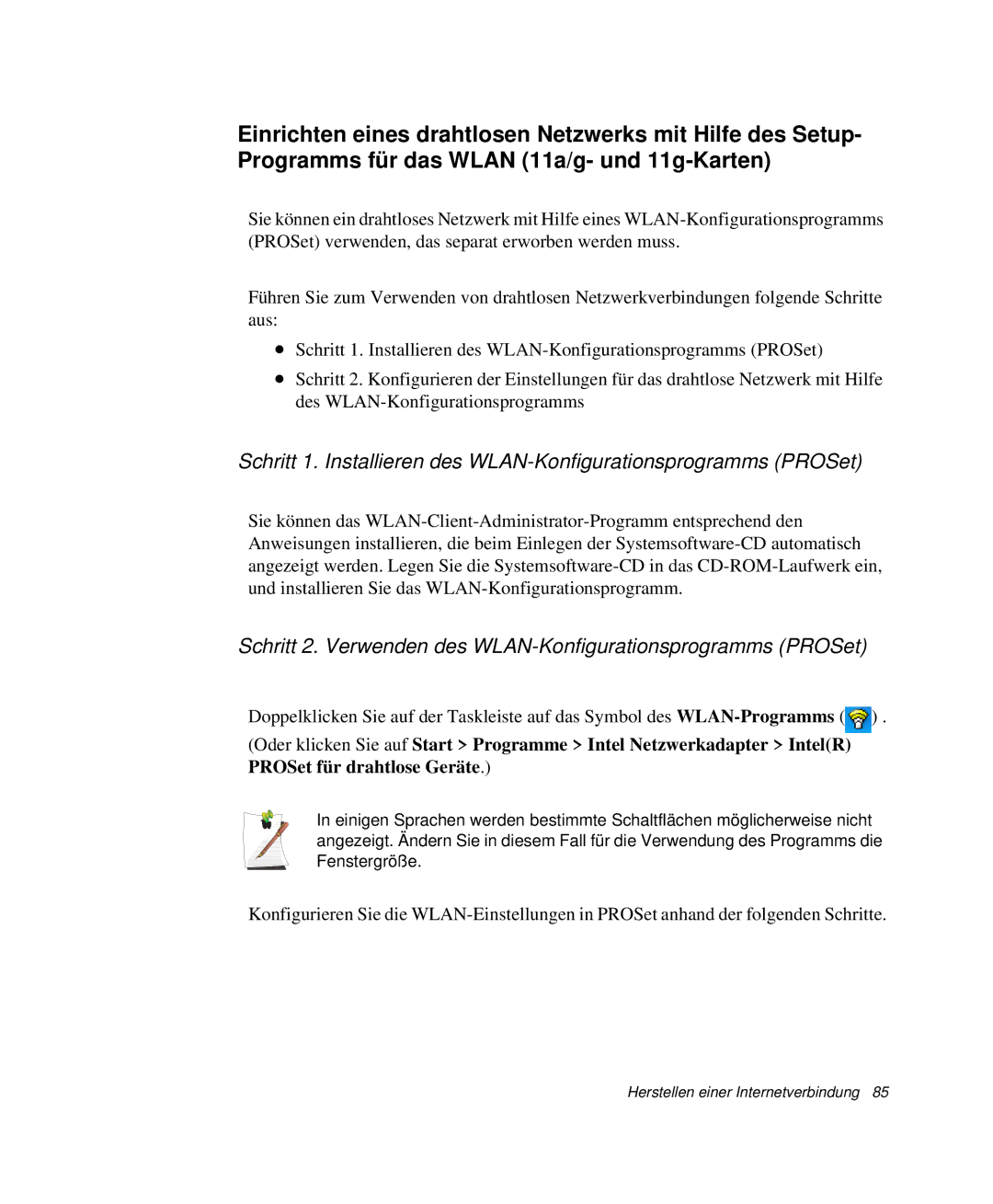 Samsung NP-X20C00A/SEG, NP-X20T002/SEG, NP-X20C00B/SEG manual Schritt 2. Verwenden des WLAN-Konfigurationsprogramms PROSet 