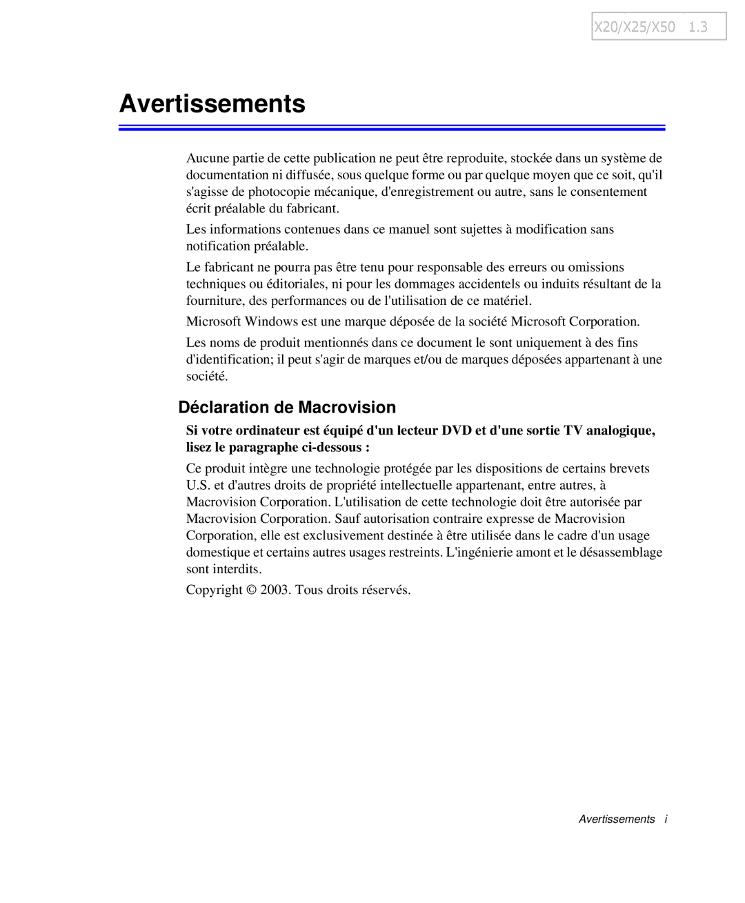 Samsung NP-X50C003/SEF, NP-X20T004/SEF, NP-X20TV02/SEF, NP-X50T001/SEF manual Avertissements, Déclaration de Macrovision 