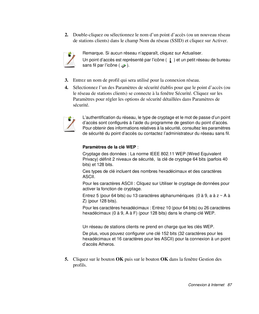 Samsung NP-X20TV02/SEF, NP-X20T004/SEF, NP-X50C003/SEF, NP-X50T001/SEF, NP-X50C000/SEF manual Paramètres de la clé WEP, Ascii 