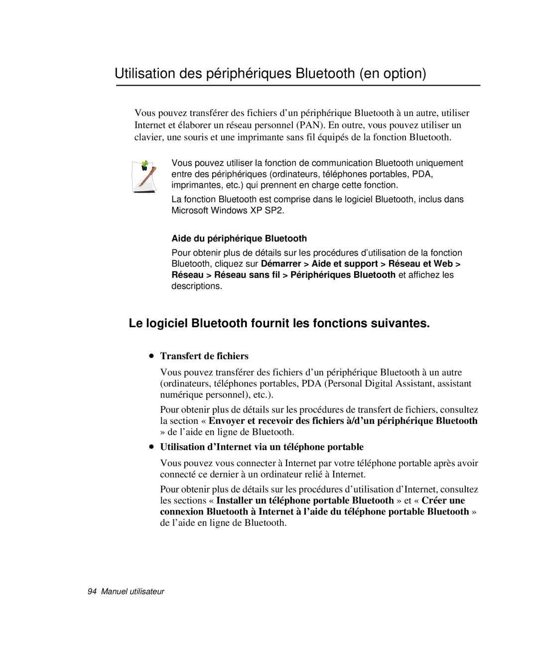 Samsung NP-X20CV01/SEF, NP-X20T004/SEF manual Utilisation des périphériques Bluetooth en option, Transfert de fichiers 