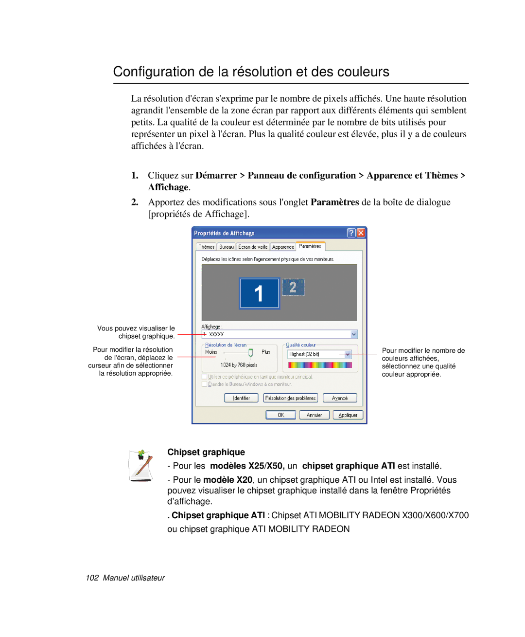 Samsung NP-X20TV02/SEF, NP-X20T004/SEF, NP-X50C003/SEF, NP-X50T001/SEF manual Configuration de la résolution et des couleurs 