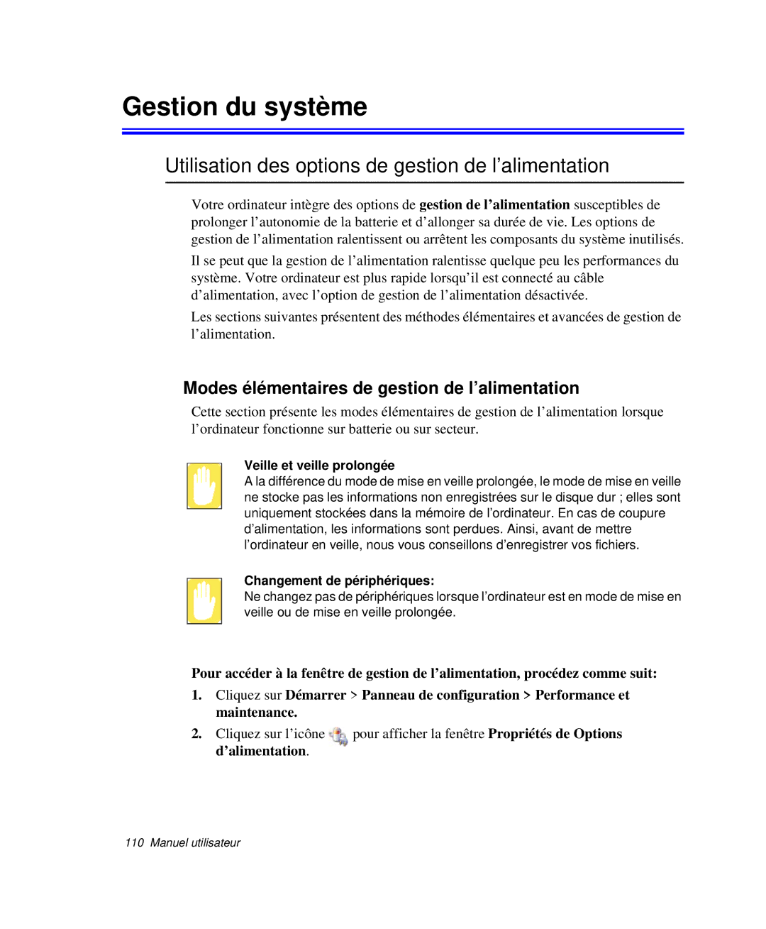 Samsung NP-X20T002/SEF, NP-X20T004/SEF manual Gestion du système, Utilisation des options de gestion de l’alimentation 