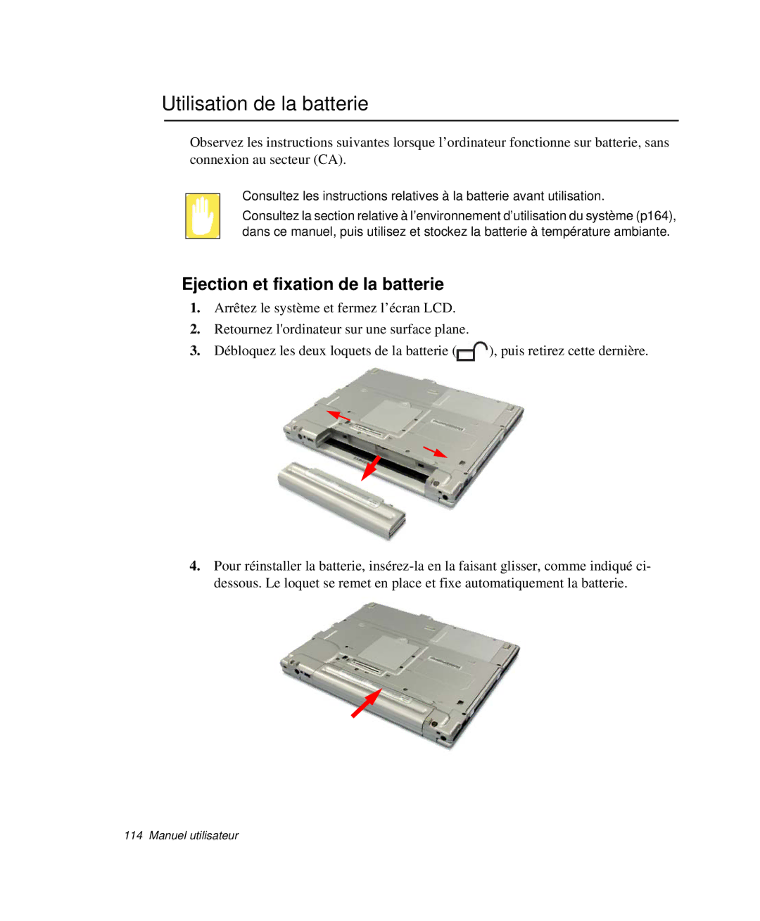 Samsung NP-X20R000/SEF, NP-X20T004/SEF, NP-X50C003/SEF manual Utilisation de la batterie, Ejection et fixation de la batterie 