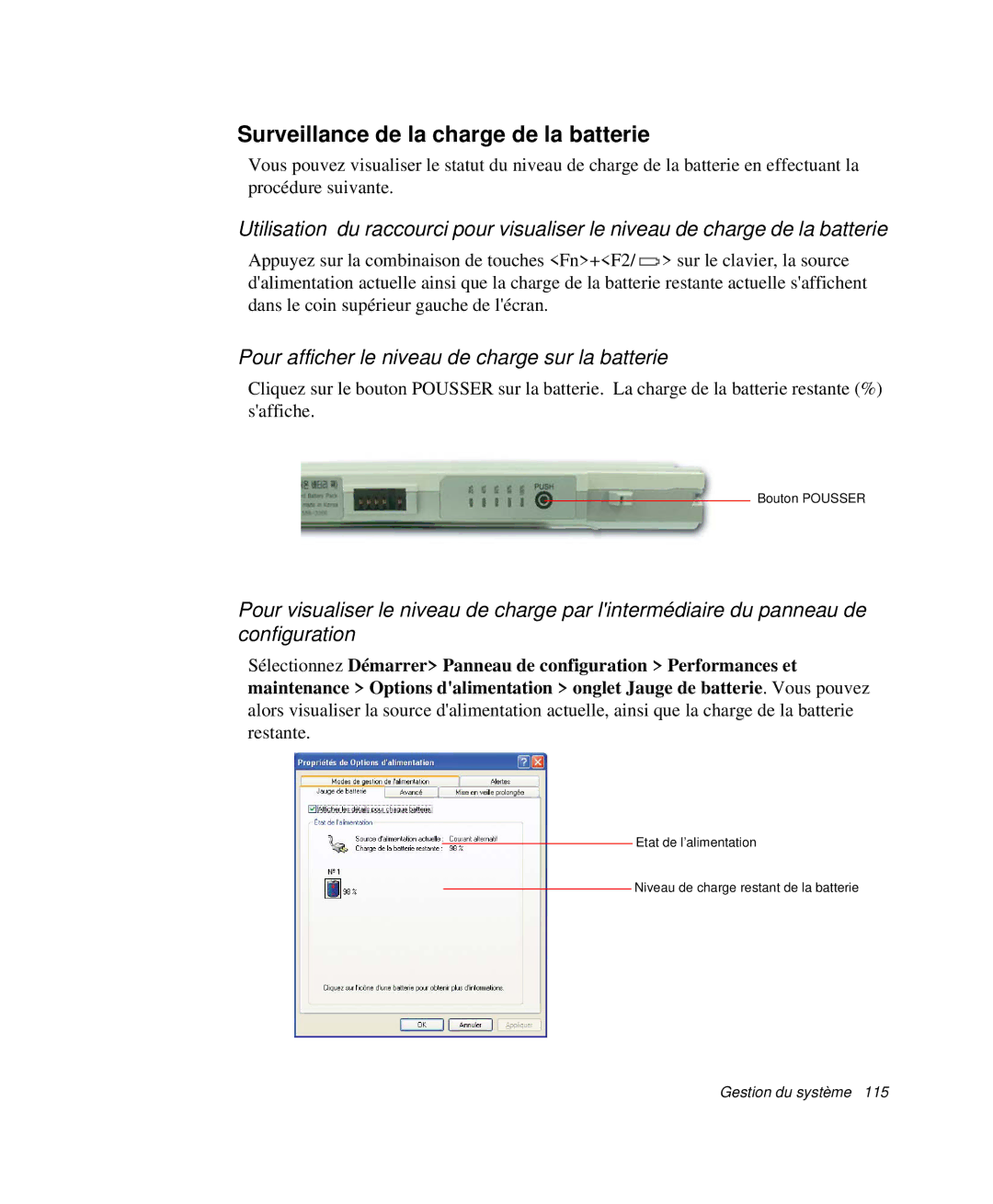 Samsung NP-X20T004/SEF manual Surveillance de la charge de la batterie, Pour afficher le niveau de charge sur la batterie 