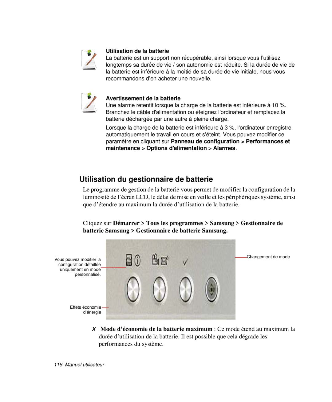 Samsung NP-X50C003/SEF Utilisation du gestionnaire de batterie, Utilisation de la batterie, Avertissement de la batterie 