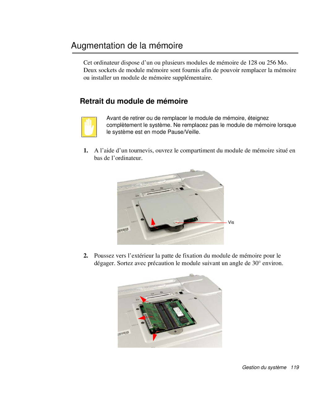 Samsung NP-X50C000/SEF, NP-X20T004/SEF, NP-X50C003/SEF manual Augmentation de la mémoire, Retrait du module de mémoire 