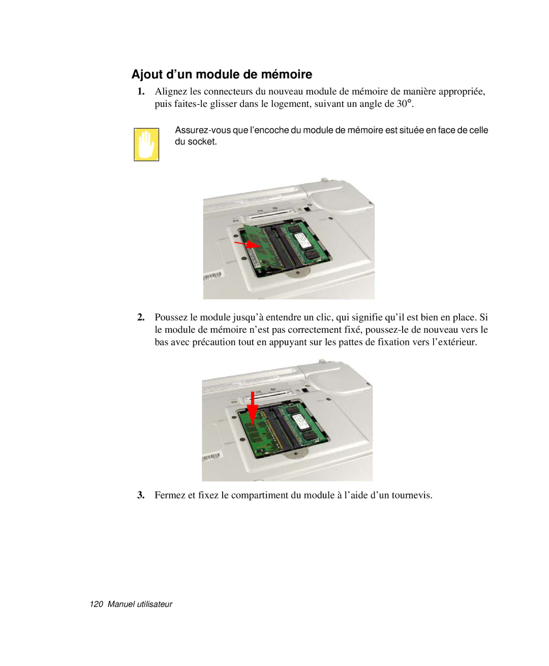 Samsung NP-X20TV07/SEF, NP-X20T004/SEF, NP-X50C003/SEF, NP-X20TV02/SEF, NP-X50T001/SEF manual Ajout d’un module de mémoire 