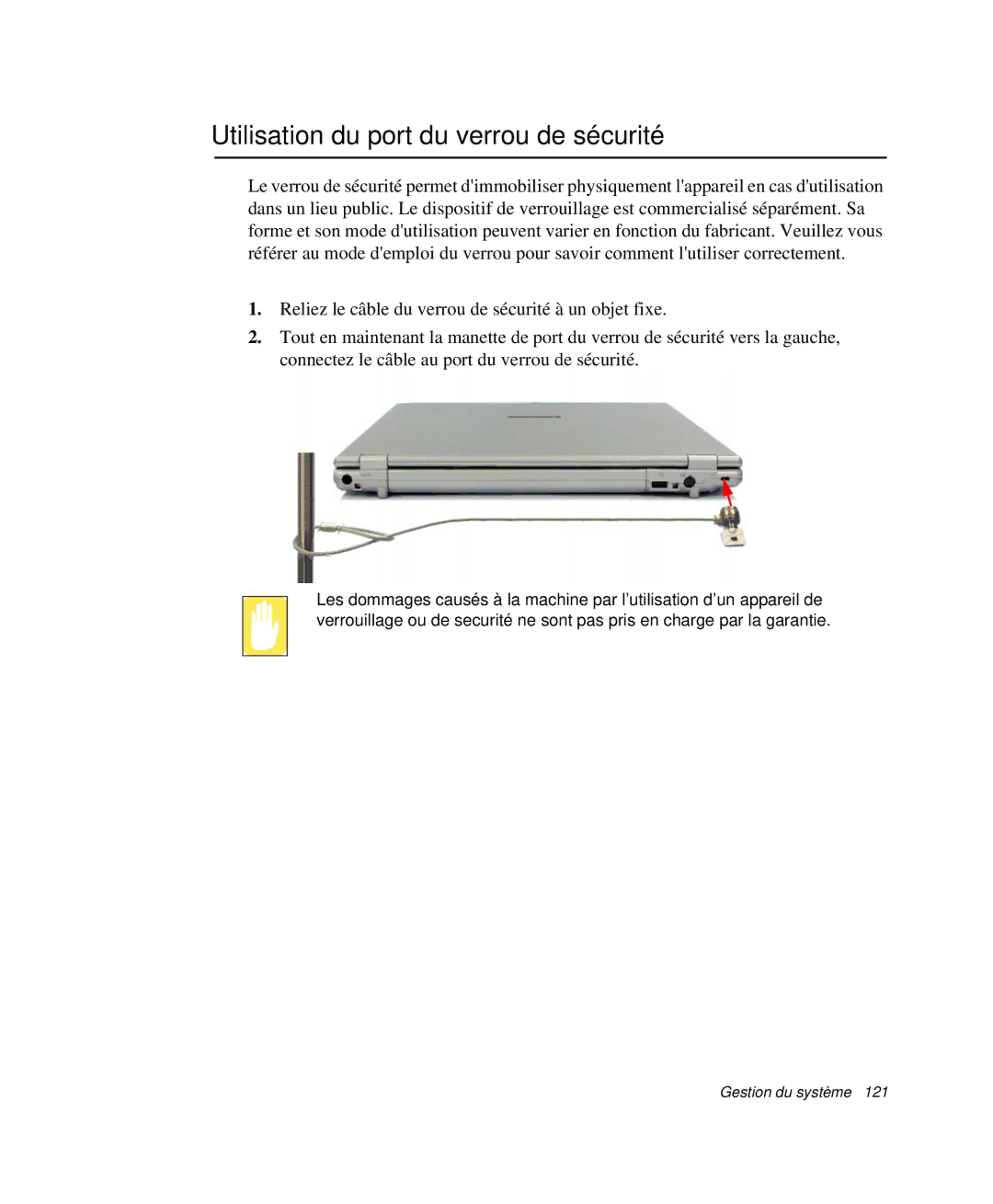 Samsung NP-X20T006/SEF, NP-X20T004/SEF, NP-X50C003/SEF, NP-X20TV02/SEF manual Utilisation du port du verrou de sécurité 