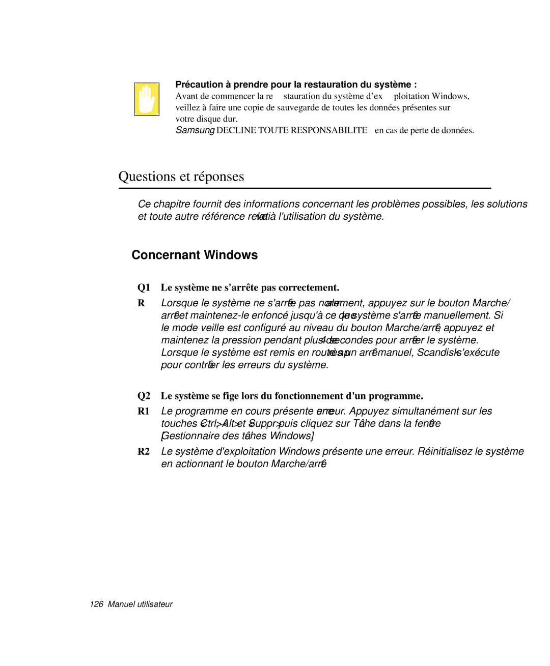 Samsung NP-X50T000/SEF manual Questions et réponses, Concernant Windows, Q1 Le système ne sarrête pas correctement 