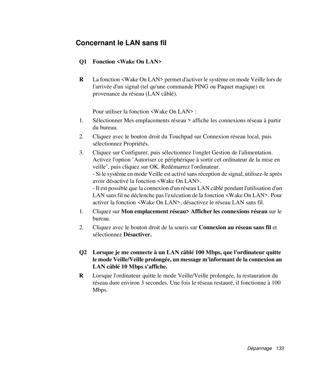 Samsung NP-X50T001/SEF, NP-X20T004/SEF, NP-X50C003/SEF, NP-X20TV02/SEF Concernant le LAN sans fil, Q1 Fonction Wake On LAN 