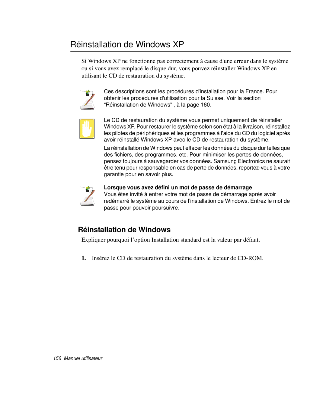 Samsung NP-X50T000/SEF, NP-X20T004/SEF Réinstallation de Windows XP, Lorsque vous avez défini un mot de passe de démarrage 