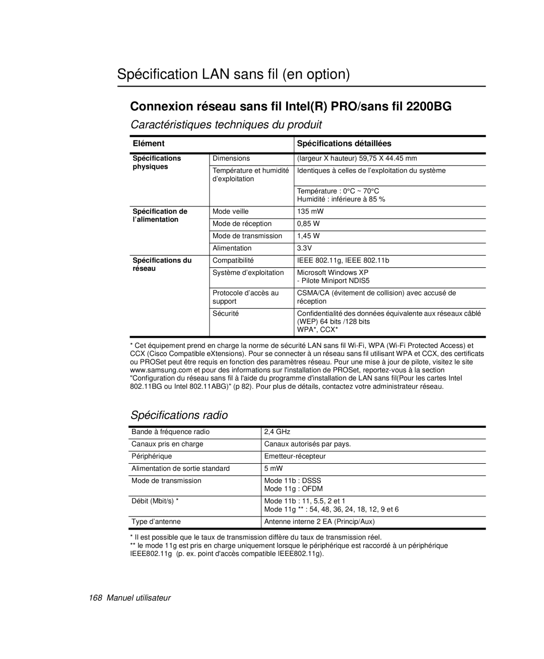 Samsung NP-X20T005/SEF manual Spécification LAN sans fil en option, Connexion réseau sans fil IntelR PRO/sans fil 2200BG 