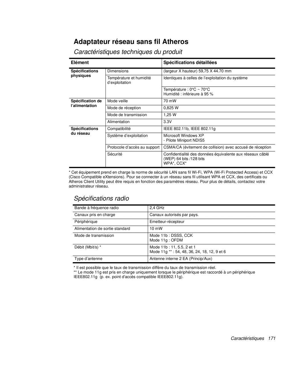 Samsung NP-X50T000/SEF, NP-X20T004/SEF, NP-X50C003/SEF, NP-X20TV02/SEF manual Adaptateur réseau sans fil Atheros, Du réseau 