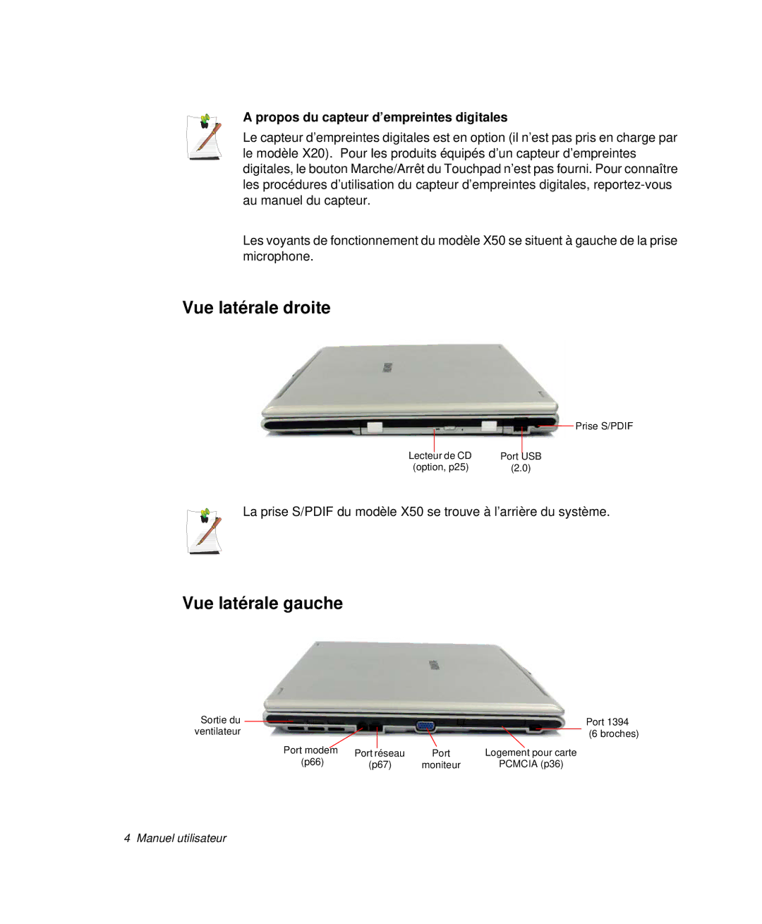 Samsung NP-X20CV01/SEF, NP-X20T004/SEF Vue latérale droite, Vue latérale gauche, Propos du capteur d’empreintes digitales 