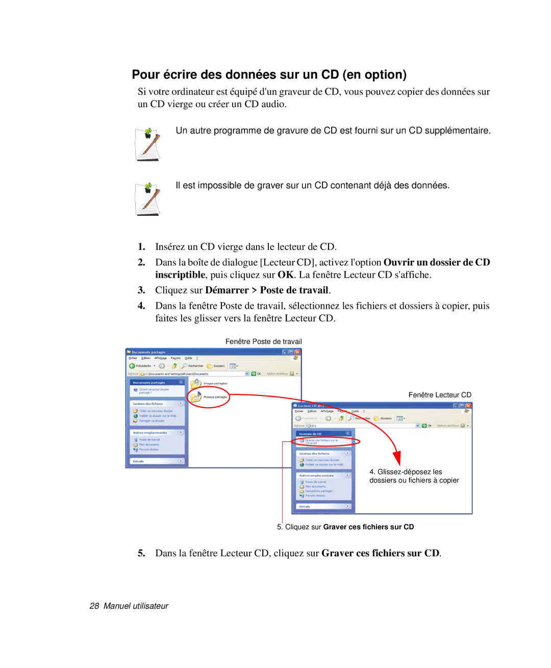 Samsung NP-X50T001/SEF, NP-X20T004/SEF Pour écrire des données sur un CD en option, Cliquez sur Graver ces fichiers sur CD 