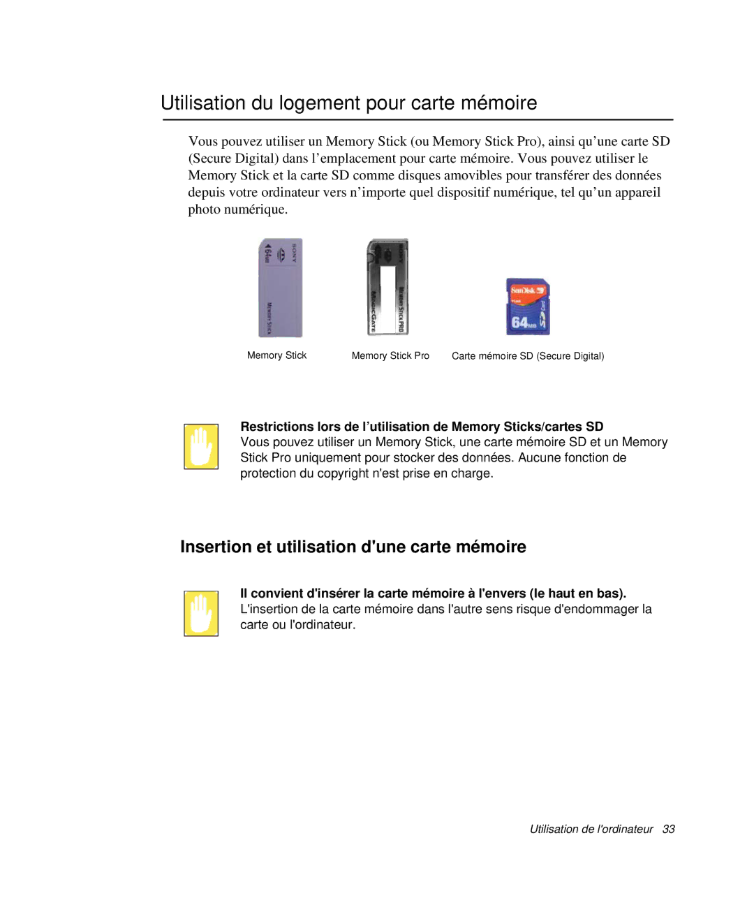 Samsung NP-X20T005/SEF manual Utilisation du logement pour carte mémoire, Insertion et utilisation dune carte mémoire 