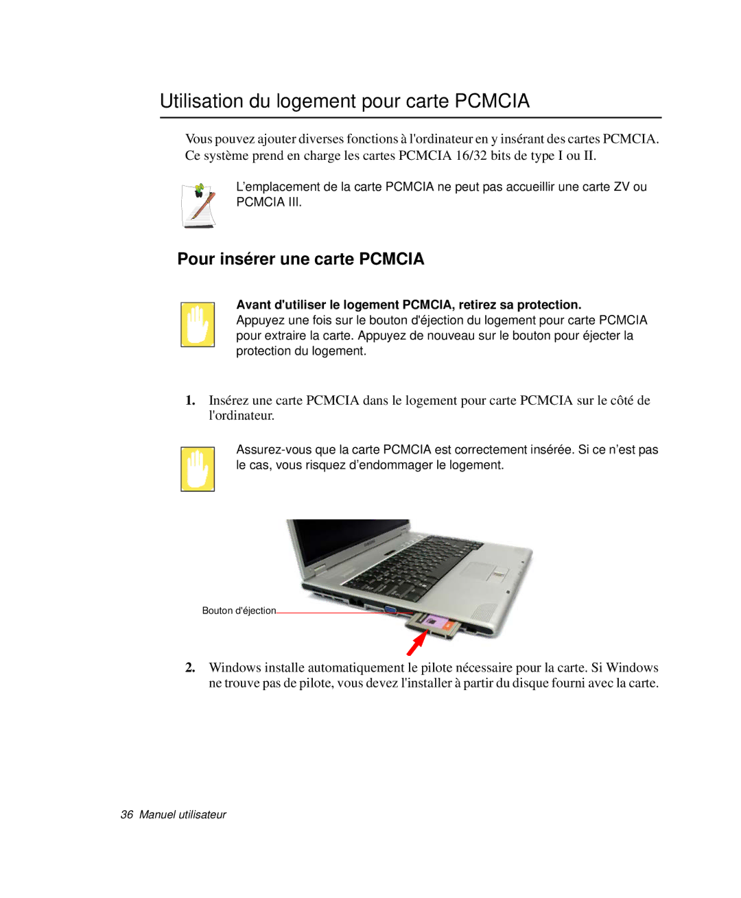 Samsung NP-X50T000/SEF, NP-X20T004/SEF manual Utilisation du logement pour carte Pcmcia, Pour insérer une carte Pcmcia 