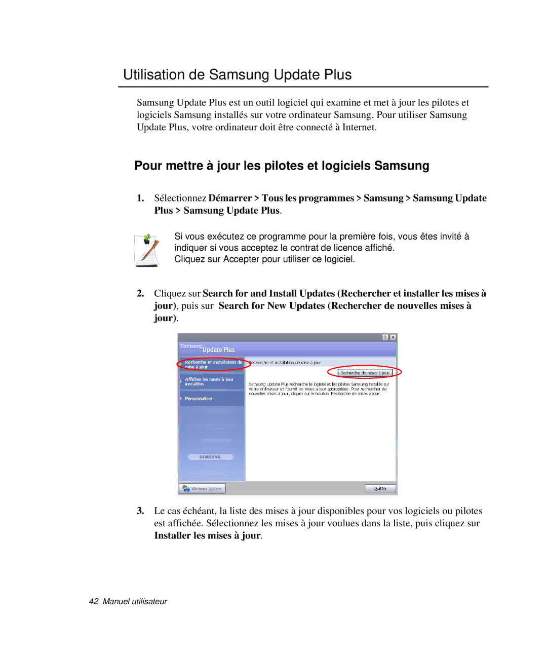 Samsung NP-X20TV02/SEF manual Utilisation de Samsung Update Plus, Pour mettre à jour les pilotes et logiciels Samsung 