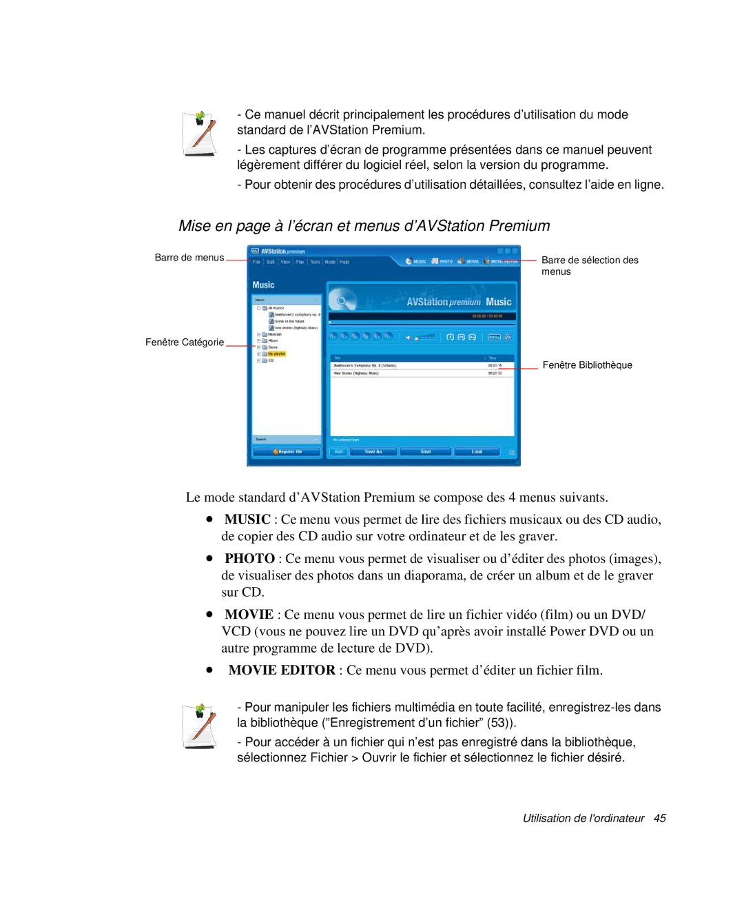 Samsung NP-X20TV07/SEF, NP-X20T004/SEF, NP-X50C003/SEF, NP-X20TV02/SEF Mise en page à l’écran et menus d’AVStation Premium 