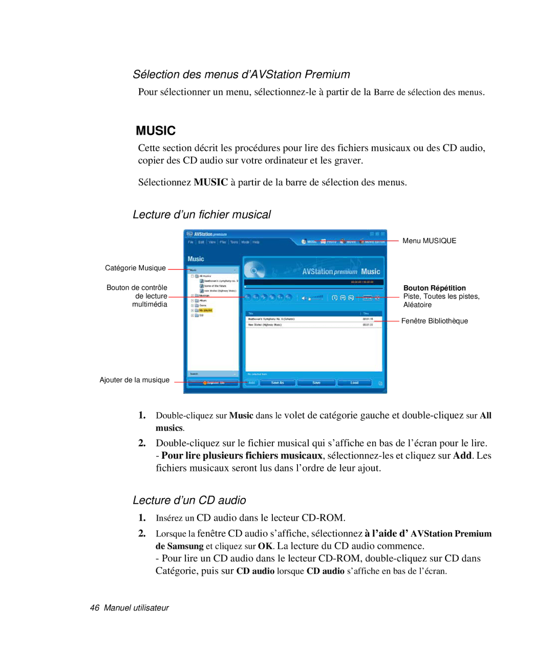 Samsung NP-X20T006/SEF manual Sélection des menus d’AVStation Premium, Lecture d’un fichier musical, Lecture d’un CD audio 