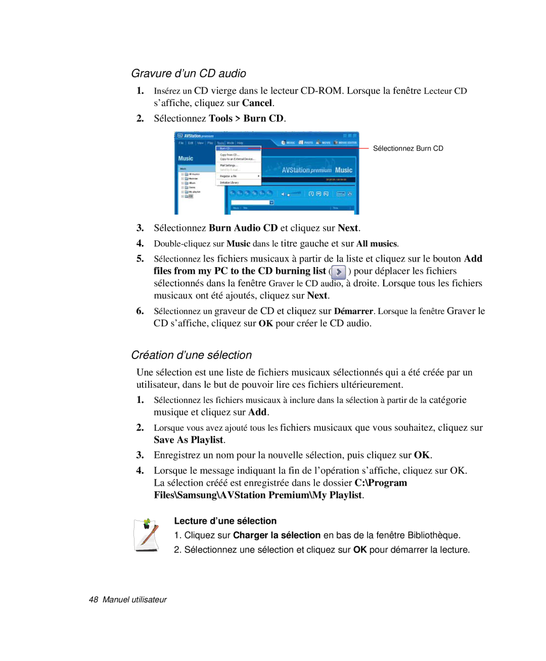 Samsung NP-X20T005/SEF, NP-X20T004/SEF manual Gravure d’un CD audio, Création d’une sélection, Sélectionnez Tools Burn CD 