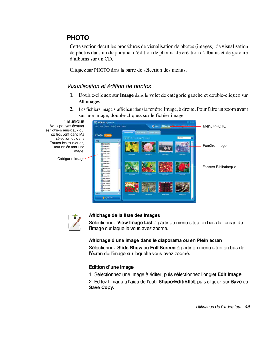 Samsung NP-X20CV01/SEF manual Visualisation et édition de photos, Affichage de la liste des images, Edition d’une image 