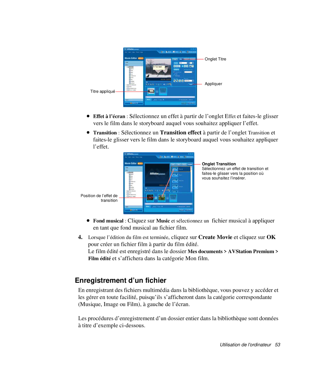 Samsung NP-X20TV06/SEF, NP-X20T004/SEF, NP-X50C003/SEF, NP-X20TV02/SEF manual Enregistrement d’un fichier, Onglet Transition 