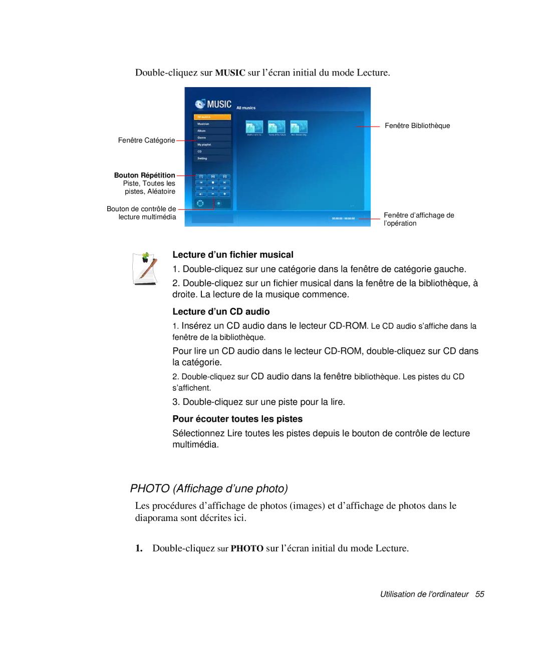 Samsung NP-X20T004/SEF, NP-X50C003/SEF Photo Affichage d’une photo, Lecture d’un fichier musical, Lecture d’un CD audio 