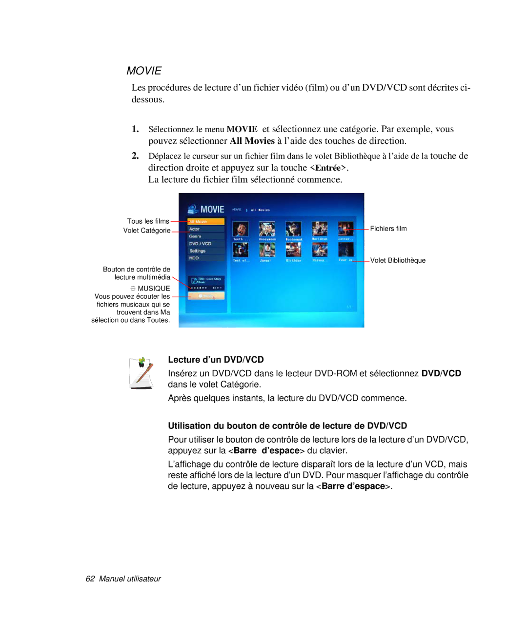 Samsung NP-X50C002/SEF, NP-X20T004/SEF manual Lecture d’un DVD/VCD, Utilisation du bouton de contrôle de lecture de DVD/VCD 